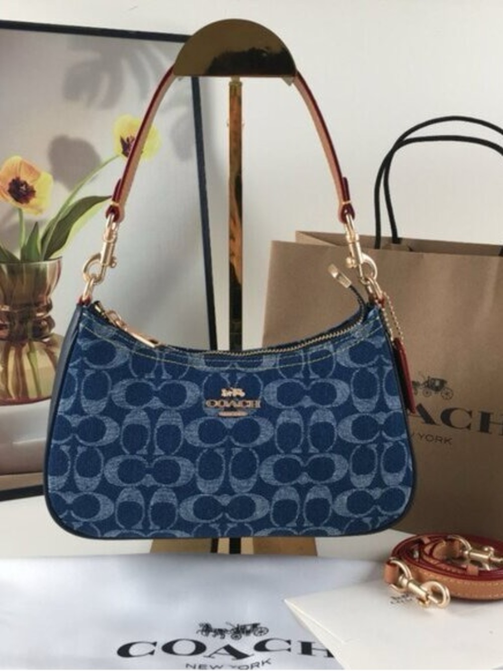 Coach Signature Blue and Tan Shoulder Bag